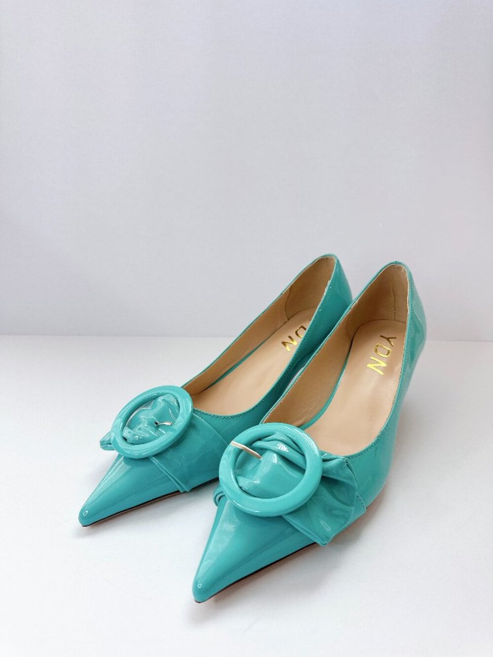 YDN Teal Patent Pointed Pumps with Decorative Round Buckle